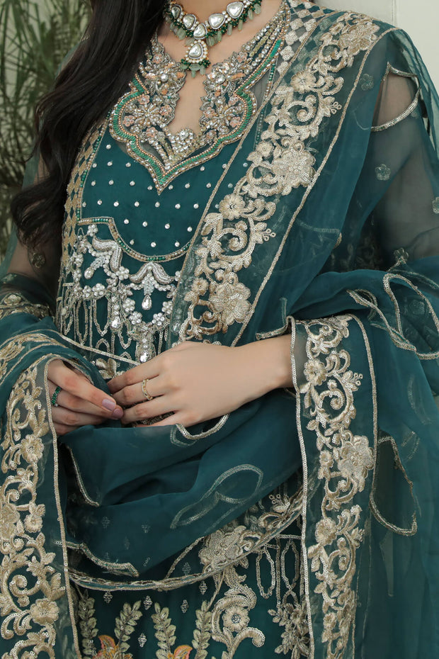 Festive Pakistani Embroidered Dress in Kameez Trouser and Organza Dupatta Style for Eid Online