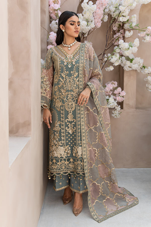 Festive Pakistani Embroidered Dress in Organza Kameez Trousers and Dupatta Style for Eid Online