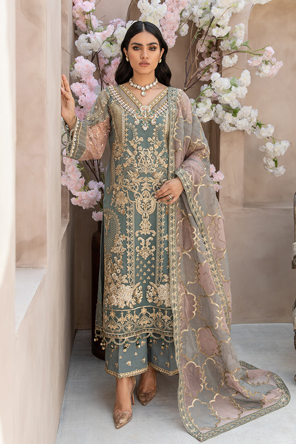 Festive Pakistani Embroidered Dress in Organza Kameez Trousers and Dupatta Style for Eid