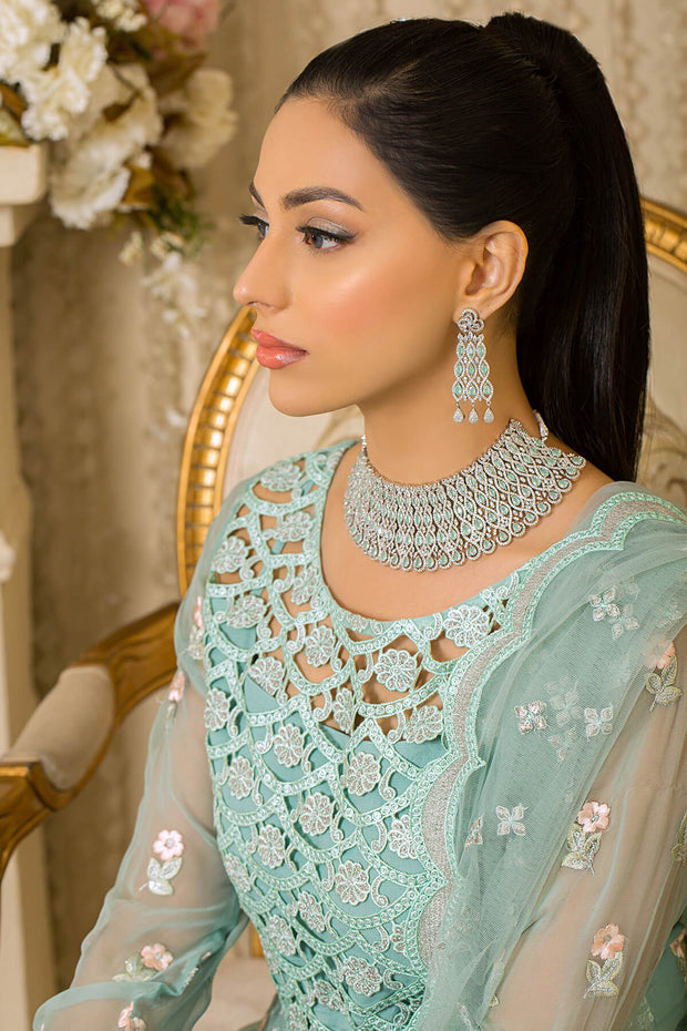 Festive Pakistani Party Dress in Embroidered Net Frock Dupatta and Raw Silk Trousers Style