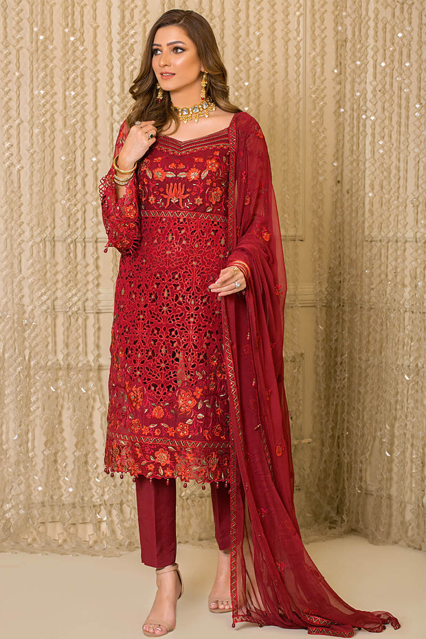 Festive Pakistani Party Dress in Embroidered Organza Kameez Trousers and Dupatta Style