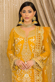 Festive Pakistani Party Dress in Embroidered Yellow Kameez Trousers and Dupatta Style