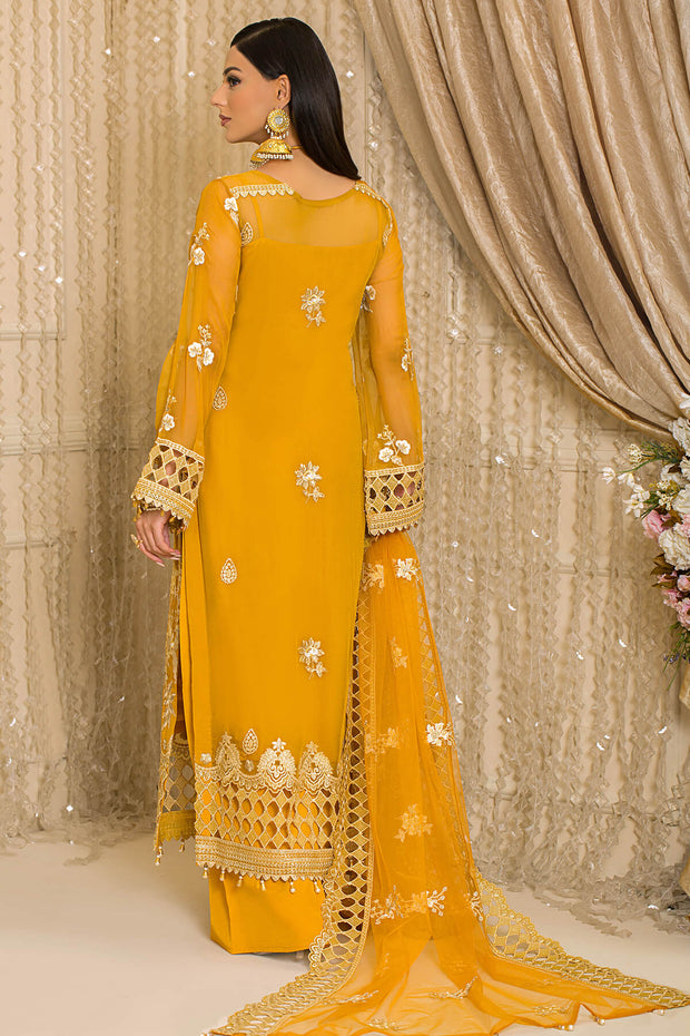 Festive Pakistani Party Dress in Embroidered Yellow Kameez Trousers and Net Dupatta Style Online