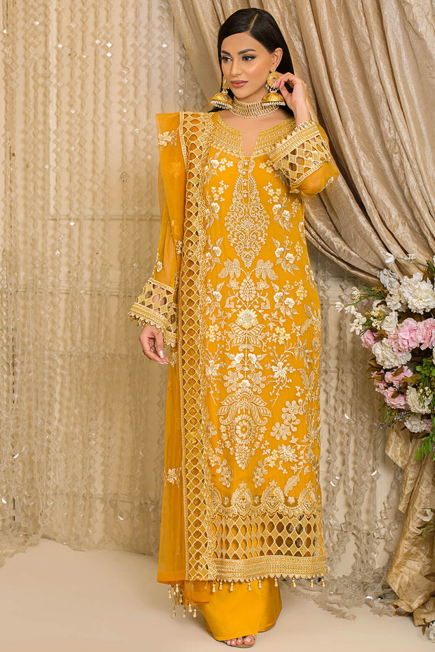 Festive Pakistani Party Dress in Embroidered Yellow Kameez Trousers and Net Dupatta Style