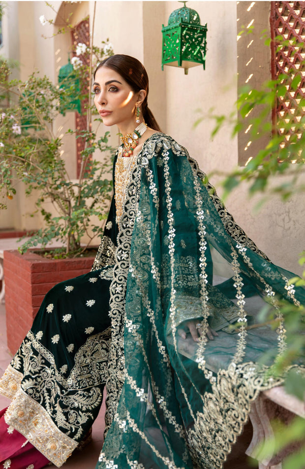 Formal Pakistani Dress in Bottle Green Shade 2022