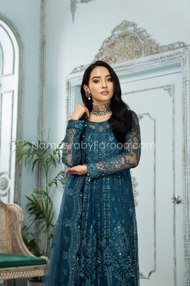 Formal Pakistani Frock Dress in Teal Blue Shade 2021