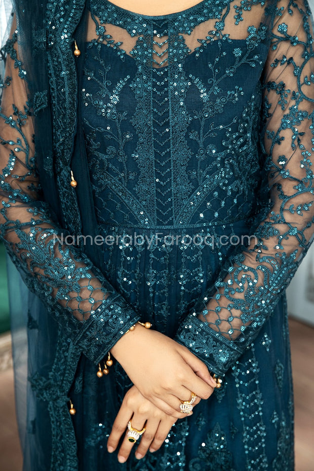 Formal Pakistani Frock Dress in Teal Blue Shade Latest