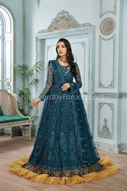 Formal Pakistani Frock Dress in Teal Blue Shade