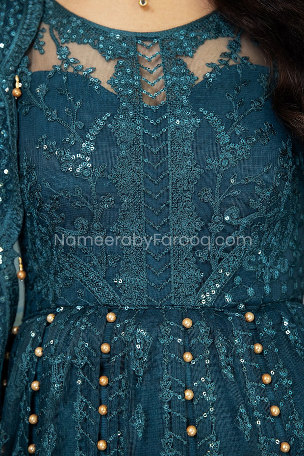 Formal Pakistani Frock Dress in Teal Blue Shade for Girls