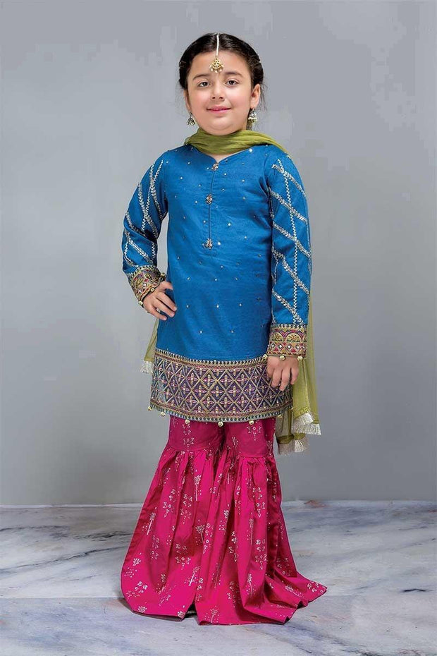 Formal Kids Designer Dress in Blue and Red Color  Kameez Gharara