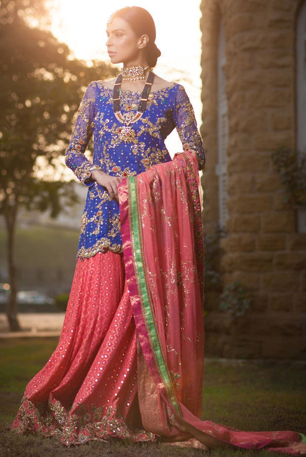 Formal mehndi lehnga dress in blue and peach color