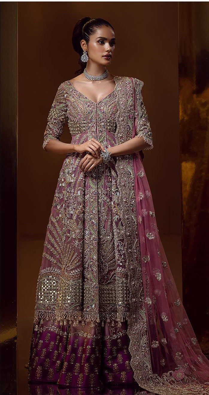 Elegant Front Open Gown with Bridal Lehenga for Pakistani Brides