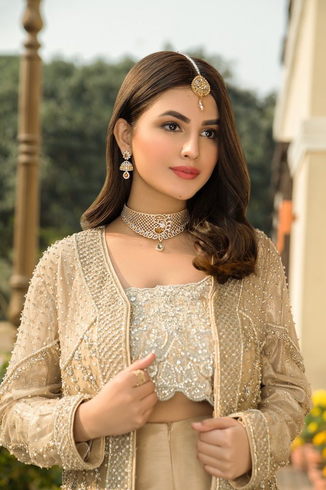 Golden Pakistani Bridal Dress - Front Open Jacket Sharara