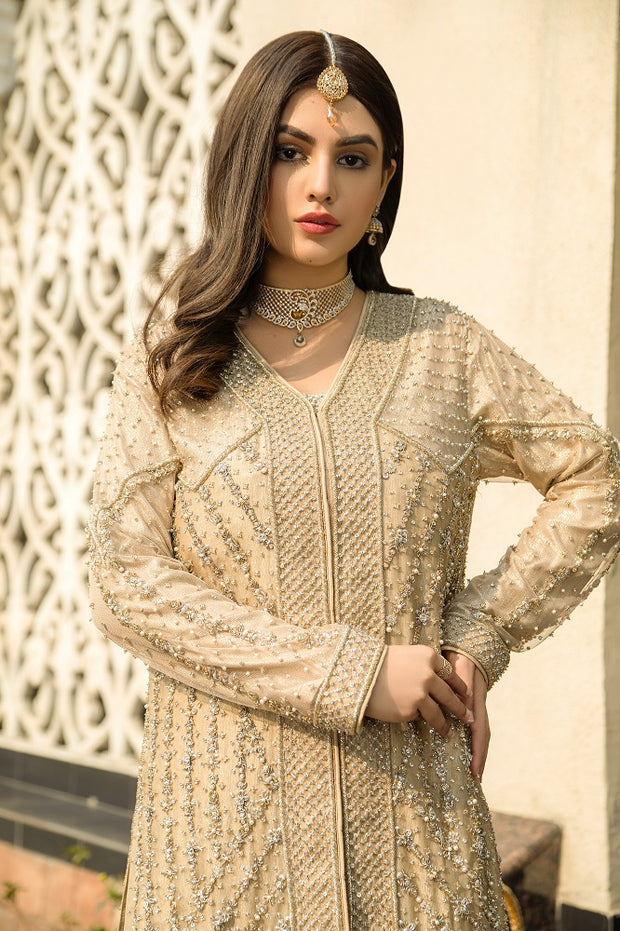 Front Open Jacket Sharara Golden Pakistani Bridal Dress