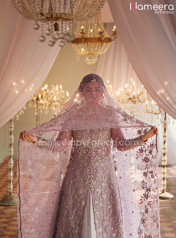 Embellished Kameez with Bridal Sharara Dress in Lilac Shade Nameera by Farooq