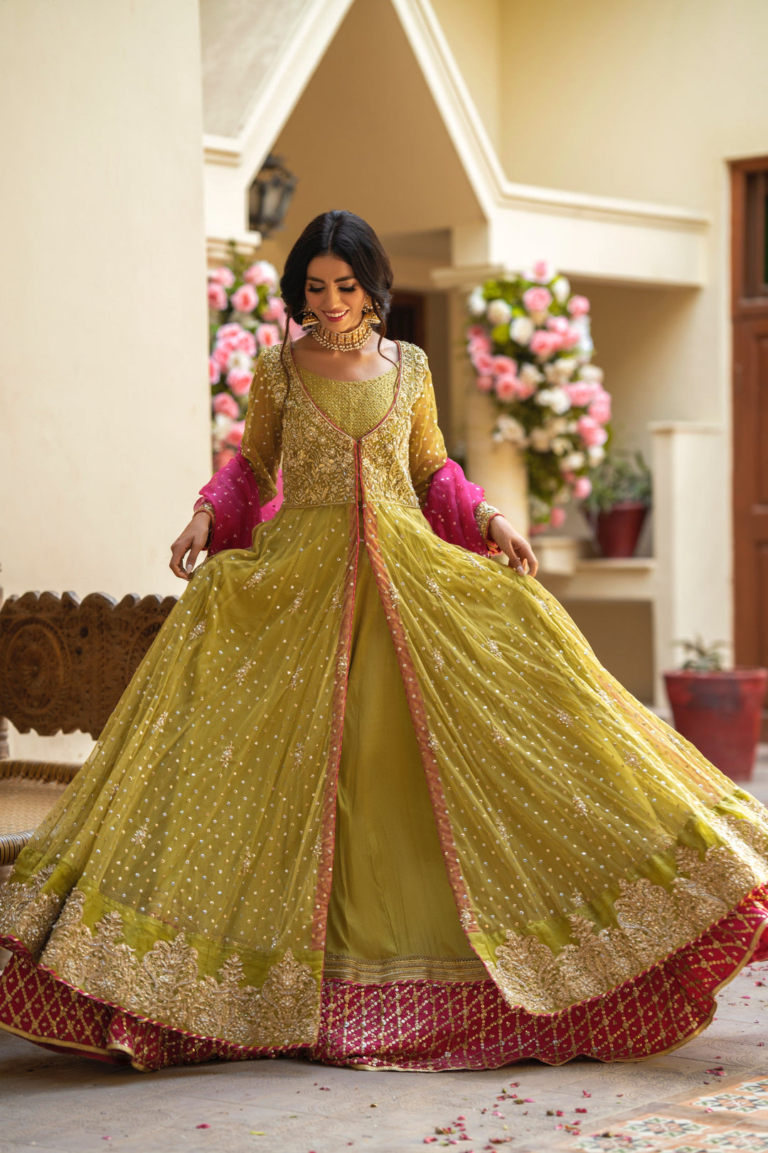 Lime Green Front Open Pishwas Frock Bridal Lehenga