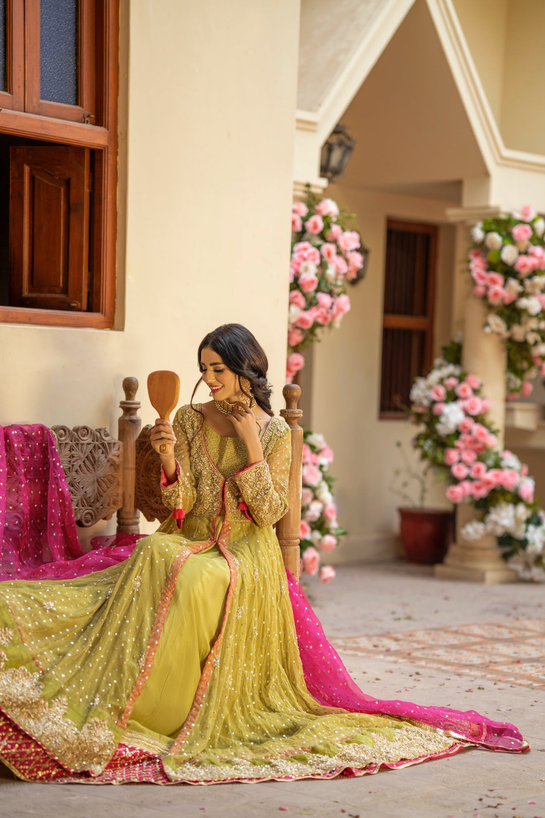 Lime Green Front Open Pishwas Frock Bridal Lehenga