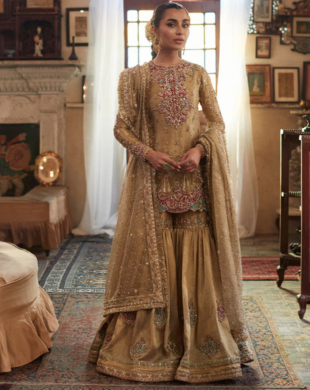 Gharara Dress in Tissue Fabric for Pakistani Bride