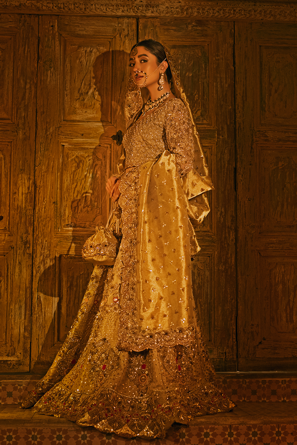Gold Pakistani Bridal Dresses | Elegant Lehenga Choli Set