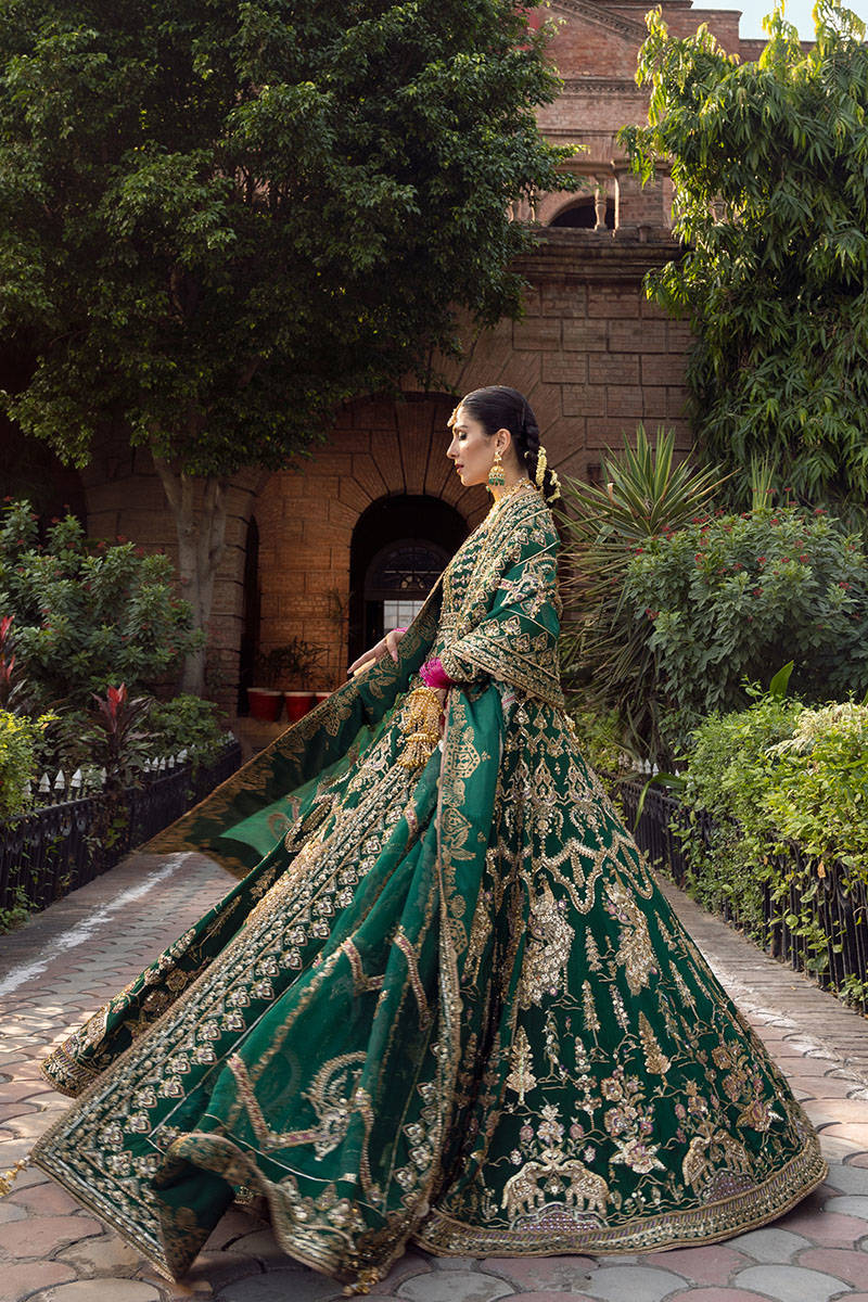 green emerald velvet dress Gold Green Lehenga Choli Pakistani Wedding Dresses – Nameera by Farooq