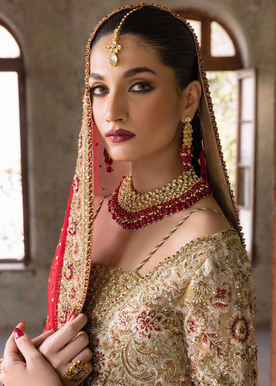 Gold Pakistani Bridal Dress in Lehenga Gown Style