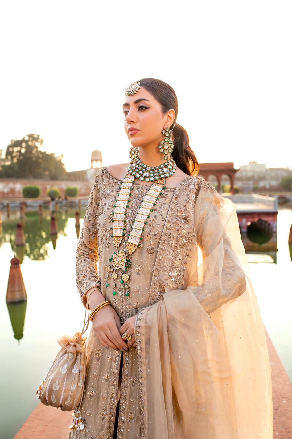 Pakistani Bridal Dress in Golden Lehenga Gown Style LARGE