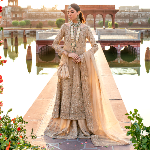 Gold Tissue Lehenga Dress for Pakistani Bridal Wear