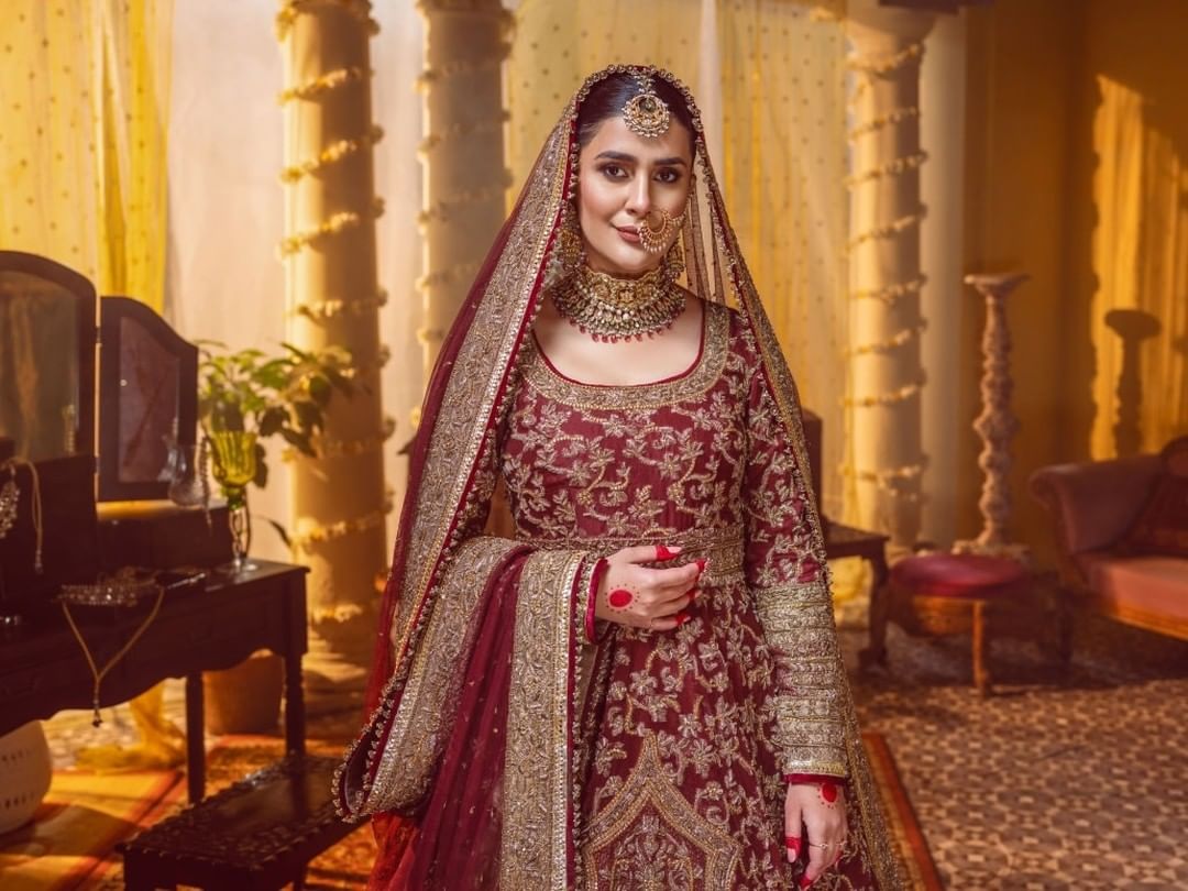 Elegant Gold & Red Pakistani Bridal Dress with Lehenga