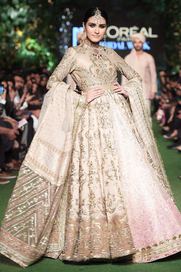 Golden Beige Lehenga Frock for Pakistani Wedding Dresses 