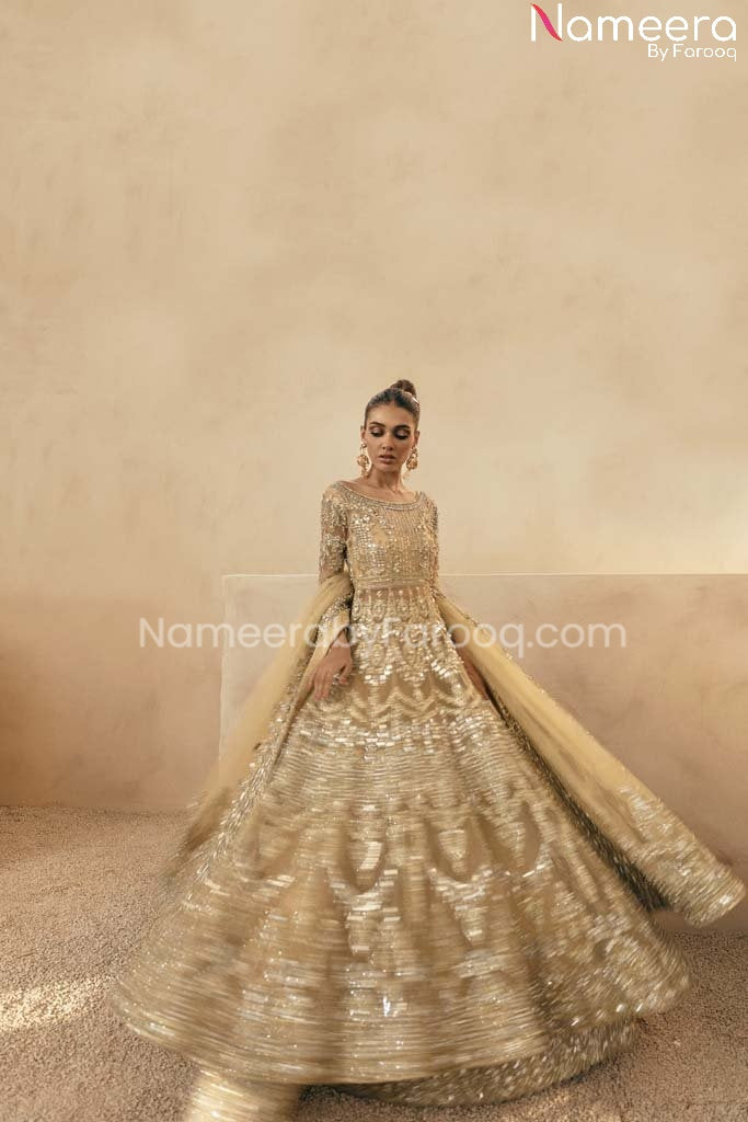 Latest Golden Bridal Dress Pakistani in Lehenga Gown Style – Nameera by ...