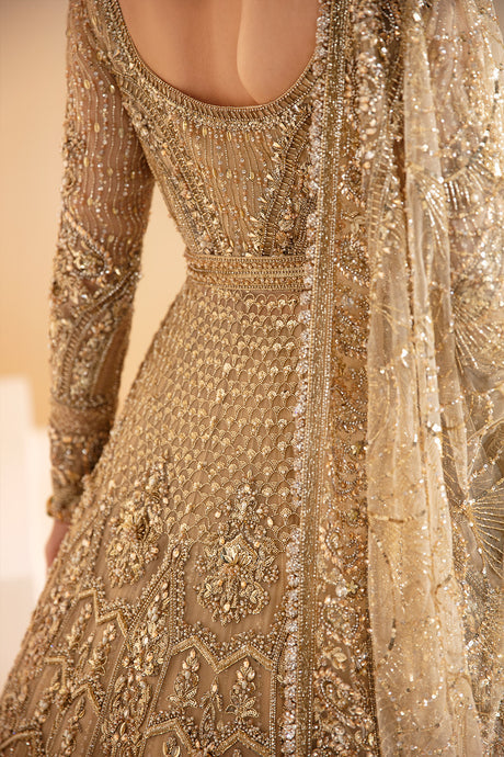 Majestic Golden Pakistan Bridal Dress with Frock & Lehenga