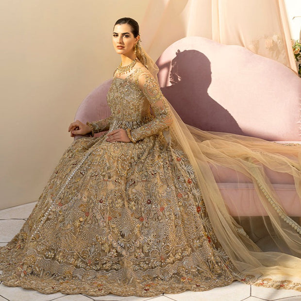 Golden Bridal Lehenga Gown Pakistani Wedding Dresses 2023