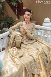 Royal Golden Bridal Lehenga with Frock Dress