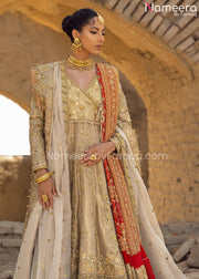 Golden Bridal Lehenga with Royal Angrakha Dress Pakistani