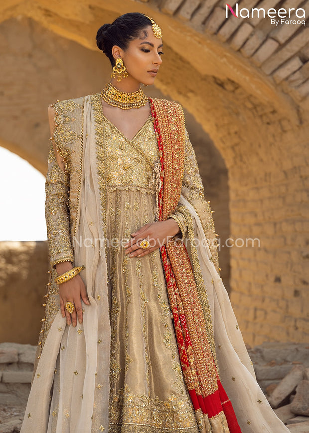 Golden Bridal Lehenga with Royal Angrakha Dress Pakistani