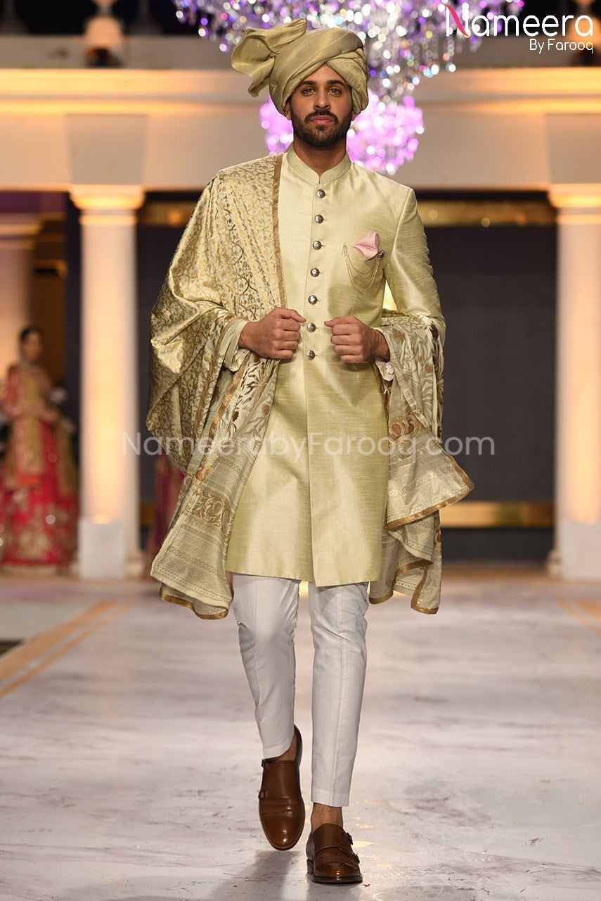 Golden Dulha Sherwani with Raw Silk Shawl 