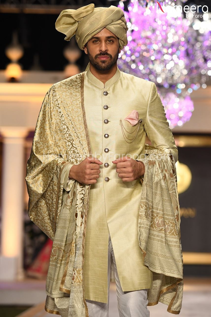 Golden Dulha Sherwani with Raw Silk Shawl 