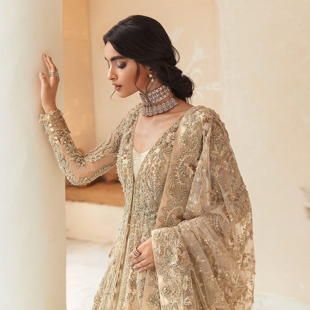 Luxury Golden Bridal Lehenga with Open Gown - Perfect for Weddings