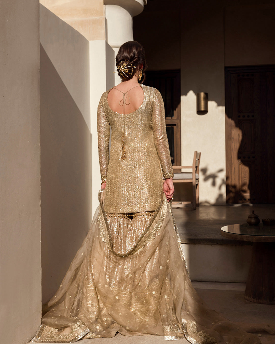 Golden Gharara Kameez Dupatta Pakistani Wedding Dress LARGE