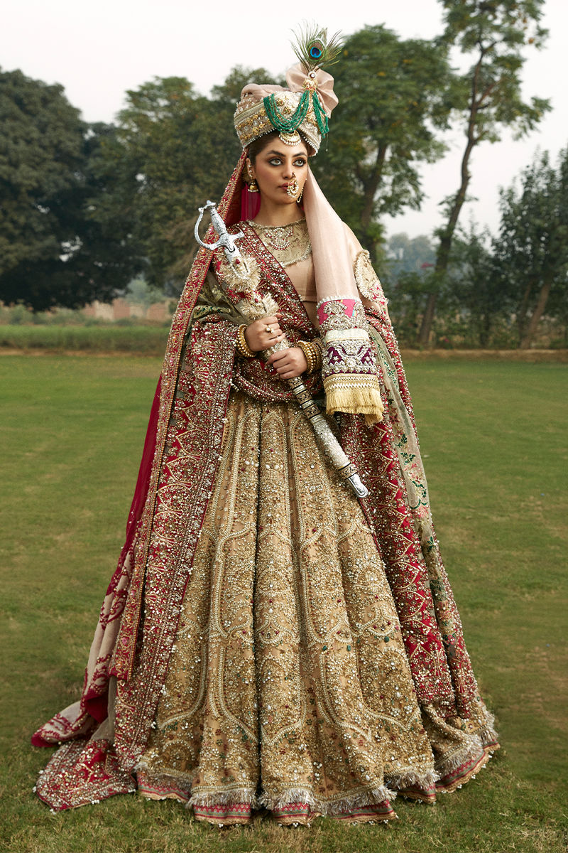 golden bridal dress with red dupatta Lehenga Choli Pakistani Wedding – Nameera by Farooq Overskirt