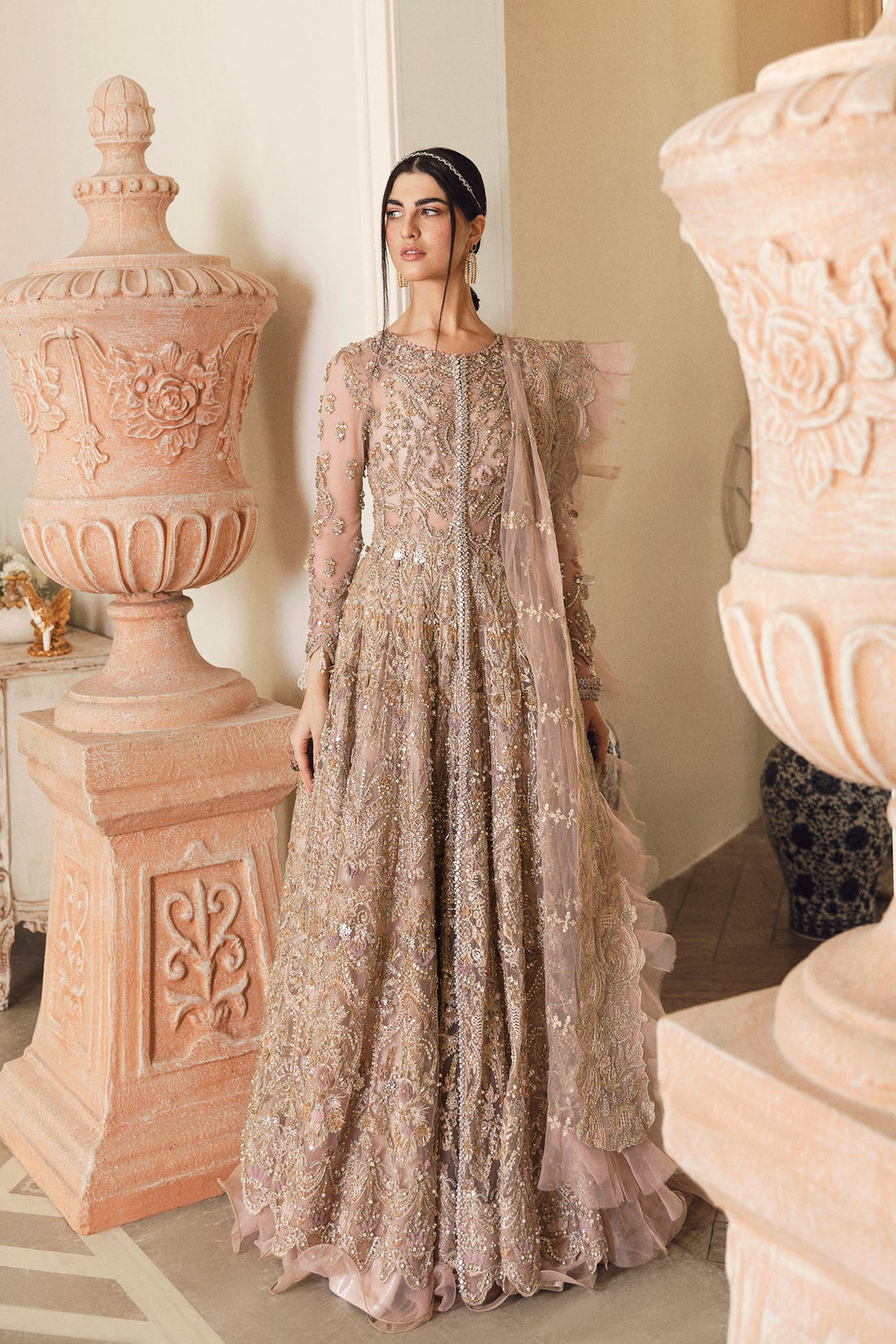 Golden Lehenga for Bride in Long Frock Style 