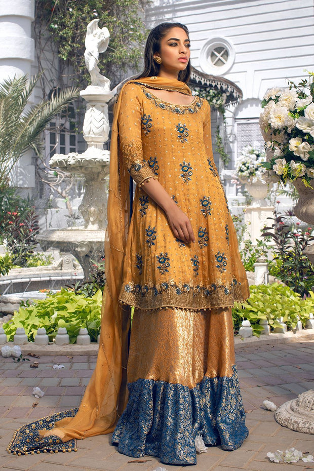 Pakistani Golden Lehenga with Frock Mehndi Dress for Bride – Nameera by ...