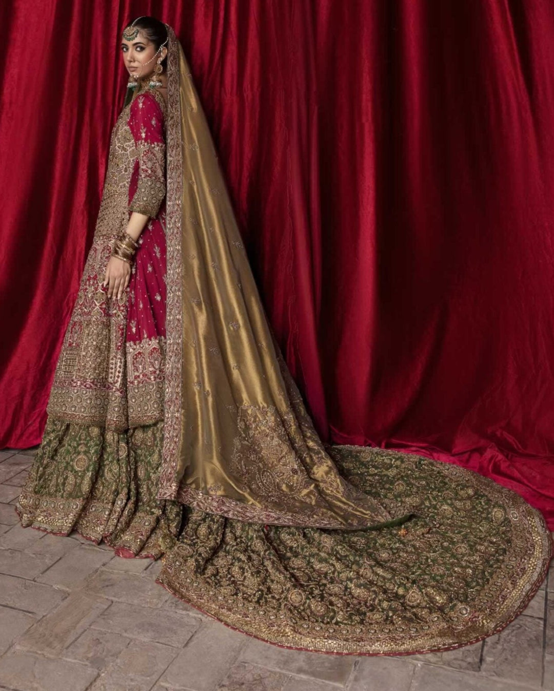 Golden Maroon Lehenga Bridal Pakistani Wedding Dresses – Nameera by Farooq