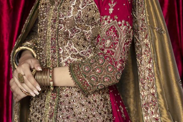 Golden Maroon Lehenga Bridal Pakistani Wedding Dresses Nameera by Farooq Golden Maroon Lehenga Bridal Pakistani Wedding Dresses Nameera by Farooq