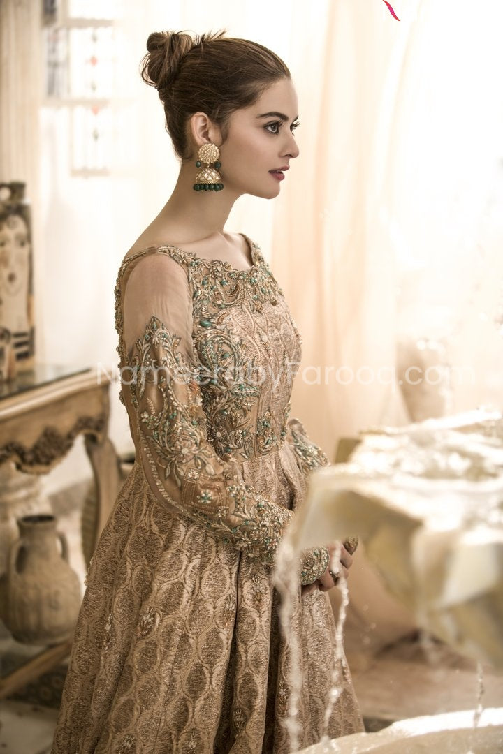 Pretty Embellished Golden Maxi Dress Pakistani Wedding Online Large