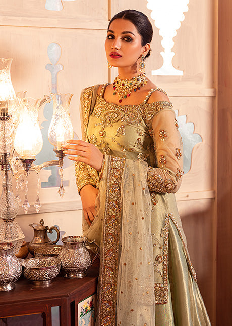 Designer Embellished Golden Nikah Dress in Lehenga Shirt LARGE Designer Embellished Golden Nikah Dress in Lehenga Shirt LARGE