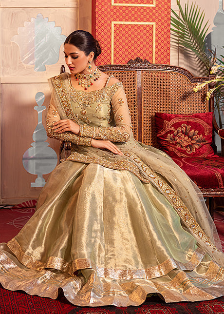 Designer Embellished Golden Nikah Dress in Lehenga Shirt LARGE Designer Embellished Golden Nikah Dress in Lehenga Shirt LARGE
