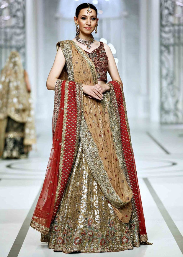 Golden Pakistani Designer Lehenga with Red Choli 2022
