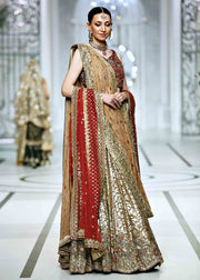 Golden Pakistani Designer Lehenga with Red Choli for Bride