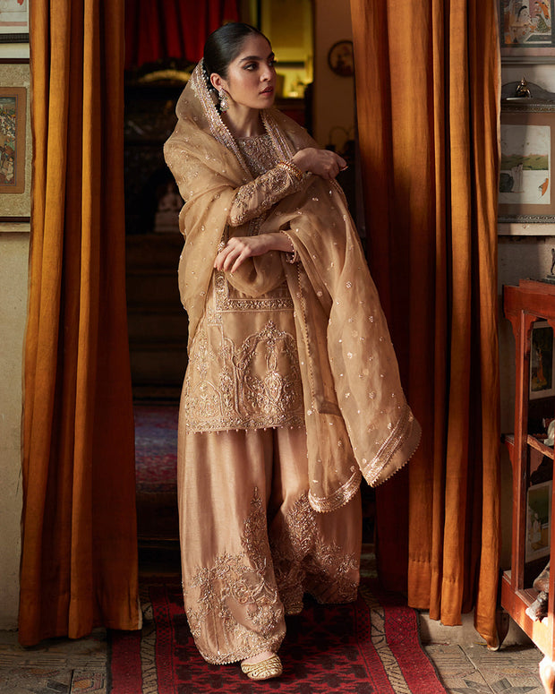 Golden Pakistani Dress in Kameez Trouser Dupatta Style Online